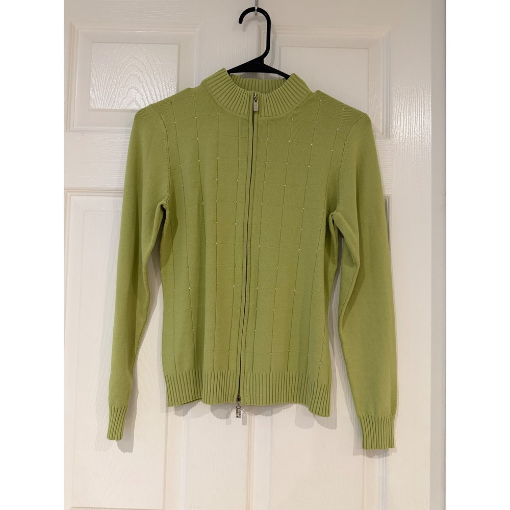 Belldini‎ Womens Lime Green Rhinestone Embellished Full Zip Mock Neck Sweater M